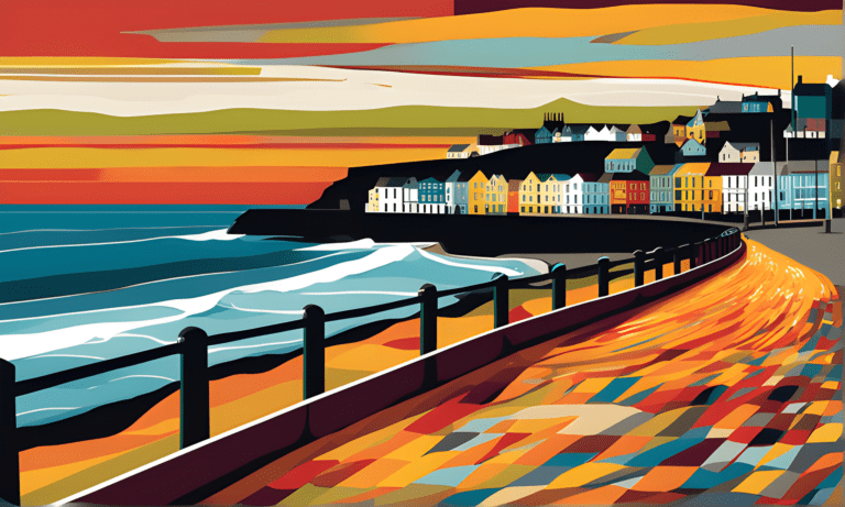 an artists illustration art of aberystwyth seafront, bright vibrant colours