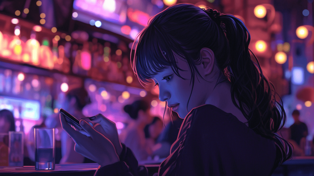 Anime-style depiction of a young woman engrossed in her smartphone at a lively nightclub, with the vibrant nightlife of Aberystwyth illuminated in the background